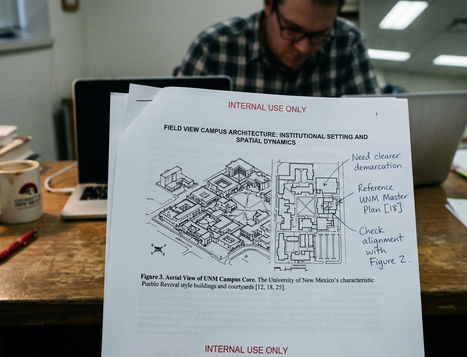 Research paper printout with field view campus architecture, institutional setting