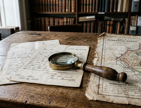 [GENERATE: Close-up shot of 19th-century handwritten letters, a brass magnifying glass, and a faded topographical